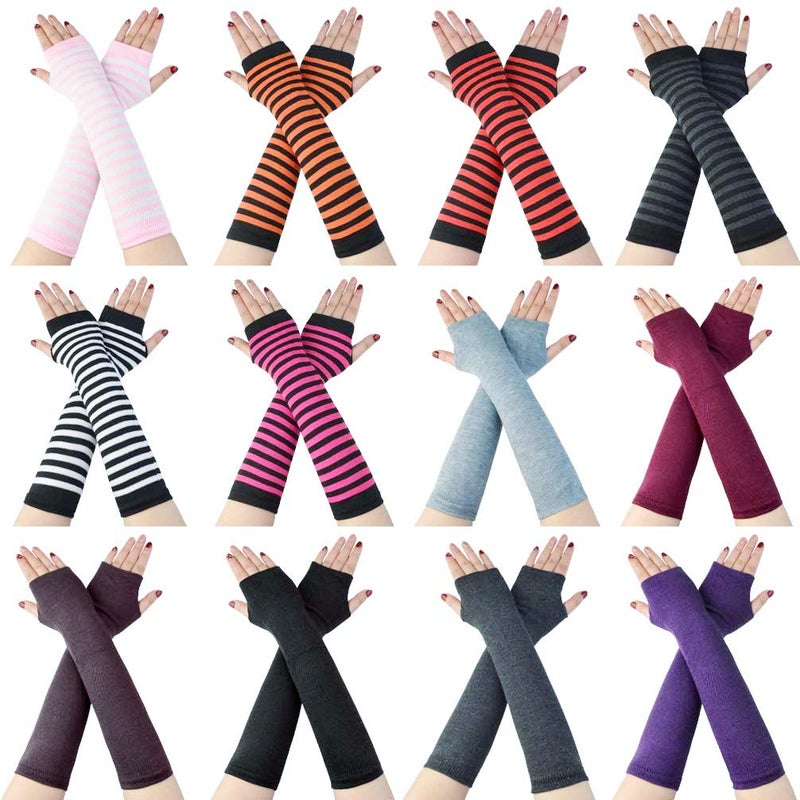 Tongcloud 12 Pairs Women Winter Long Fingerless Gloves - Knitted Arm Warmers, Thumbhole, Elbow Length, Stretchy (Color Set 1, 11.8x3.5'') - Image 1